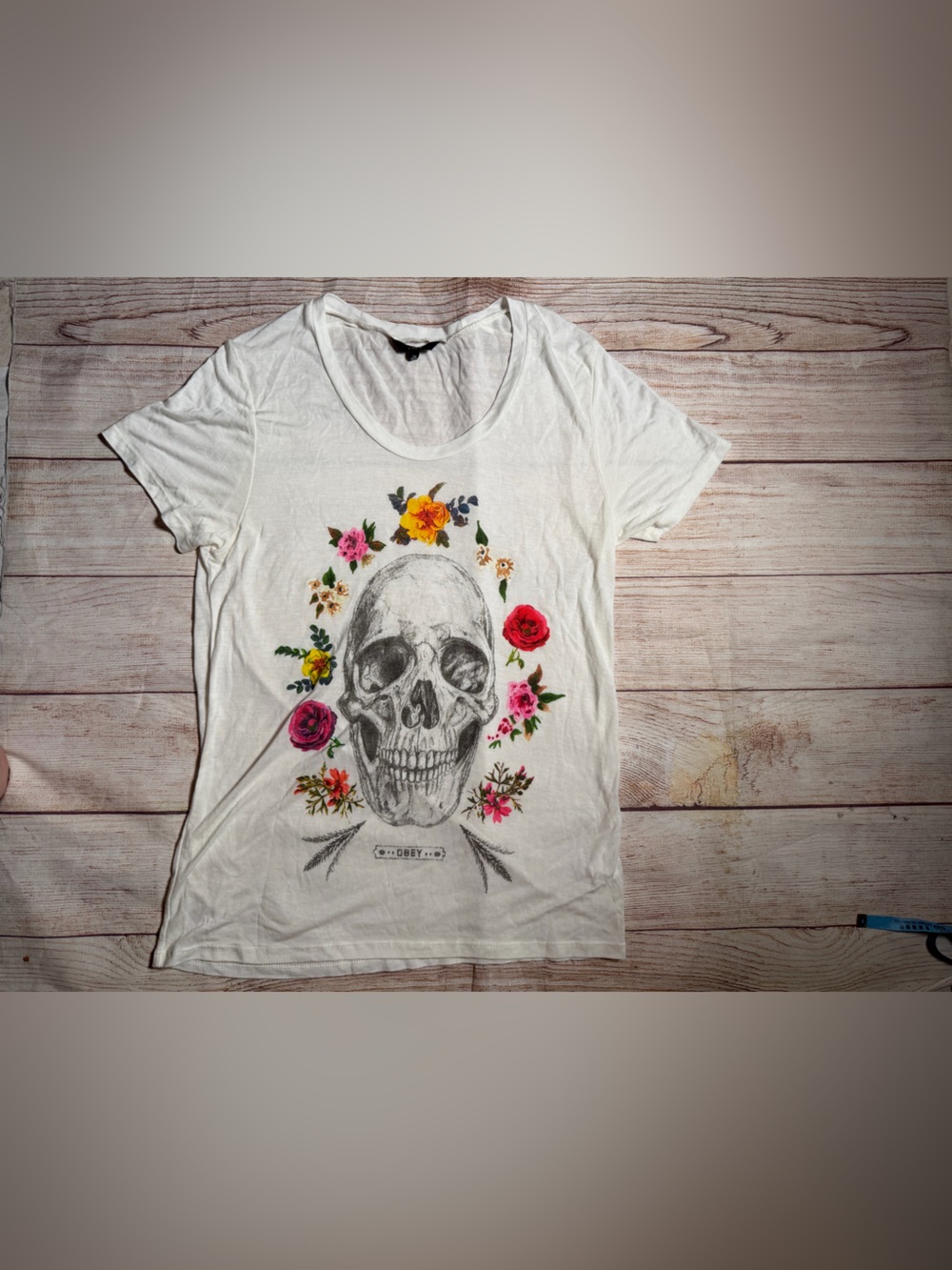 Obey White Short Sleeve Tee with Floral Skull Graphic